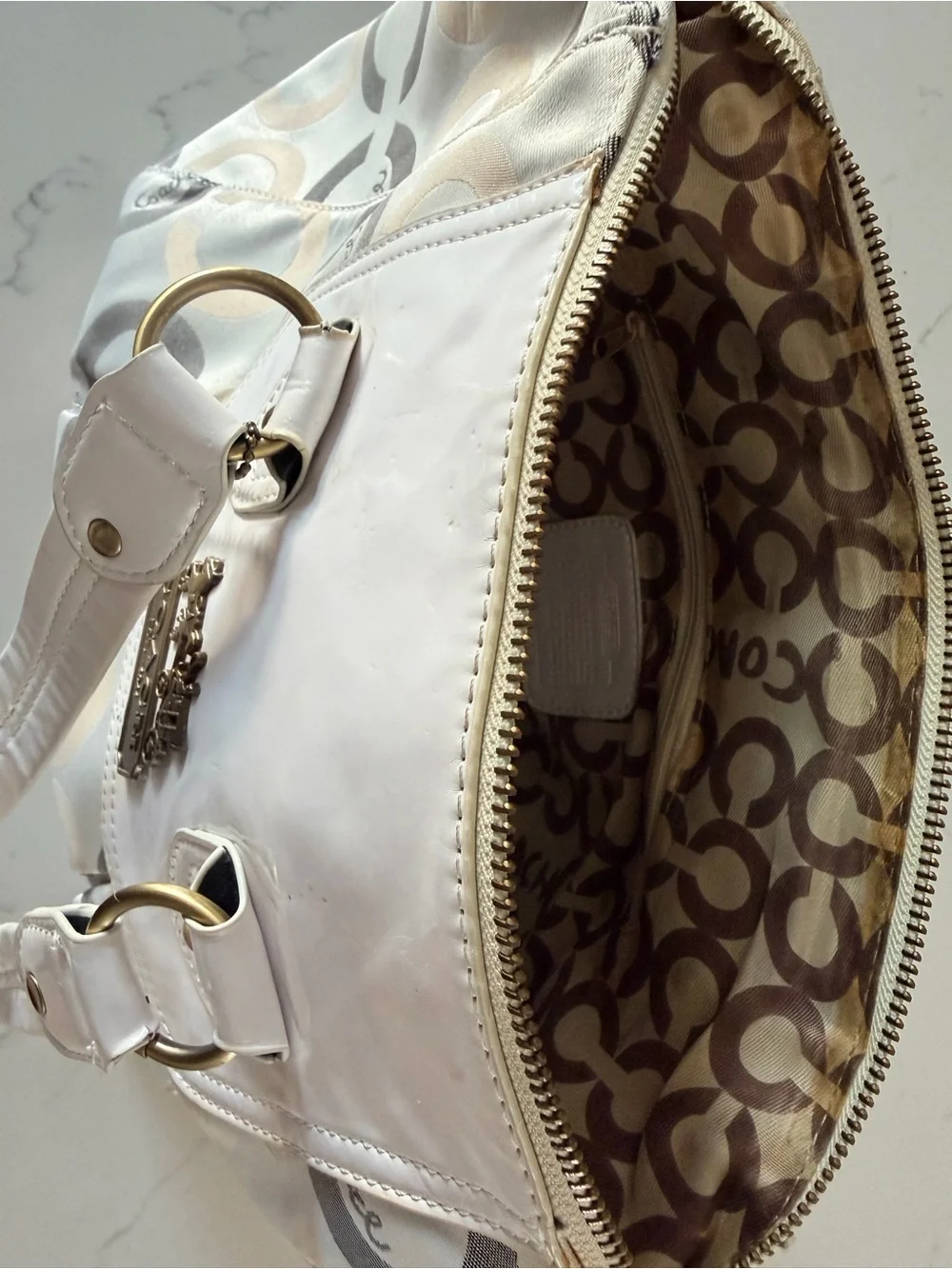 Coach White, Gray and Cream Signature Circle Tote